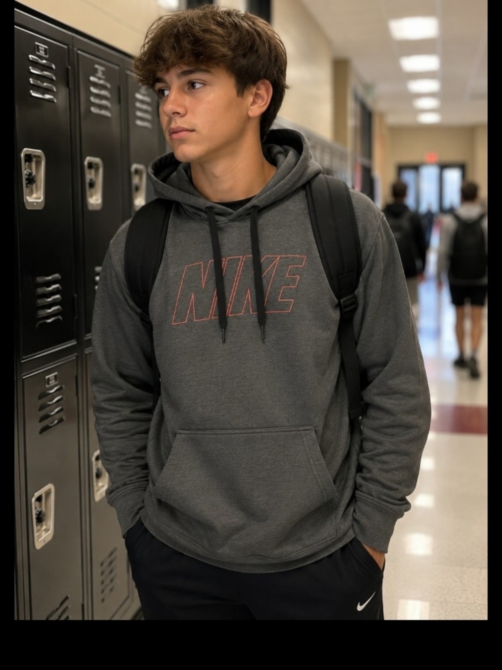 Nike Charcoal Gray Pullover Hoodie with Subtle Red Logo. Med.
